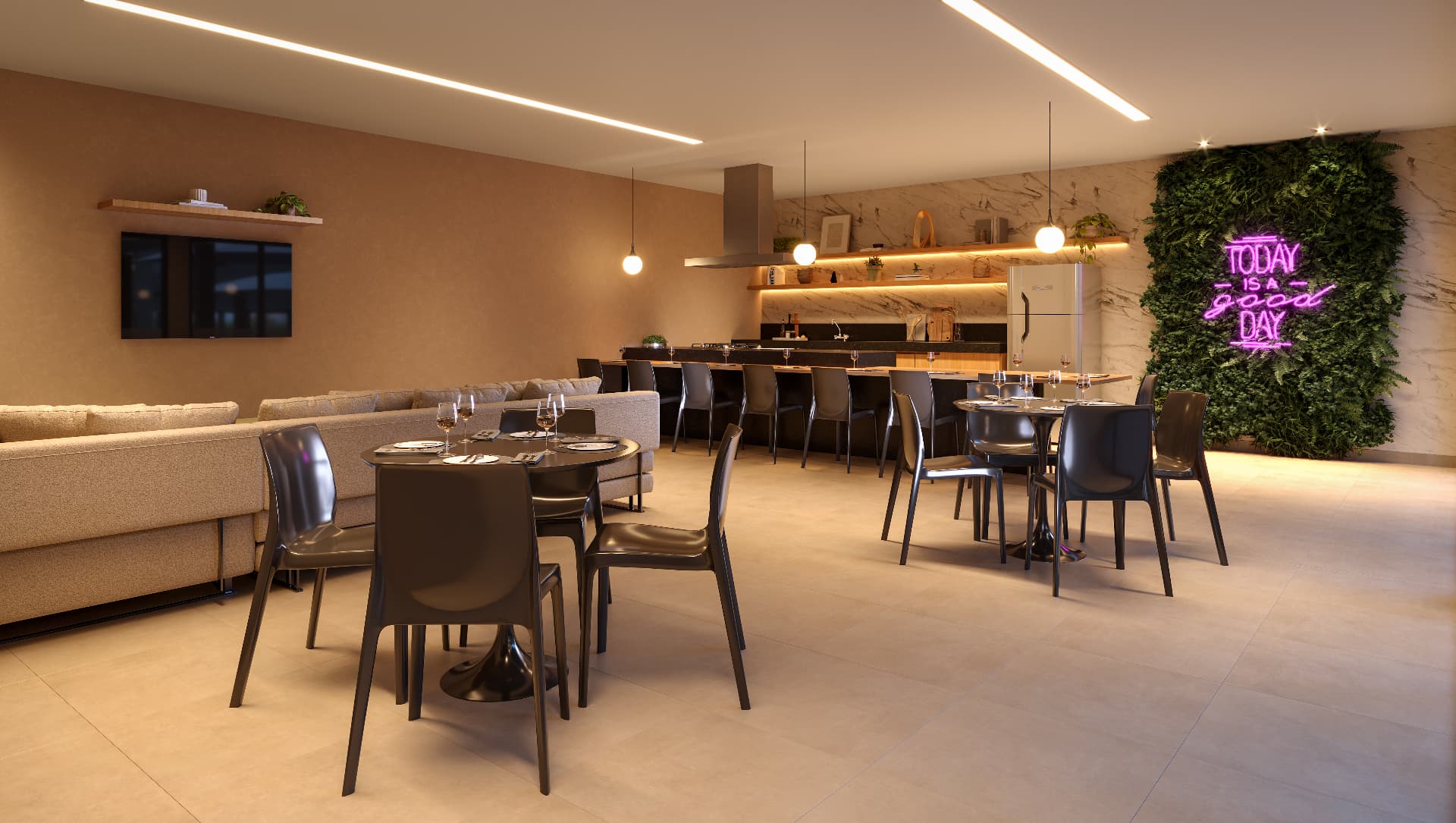 Espaço gourmet com bancada e área de convivência