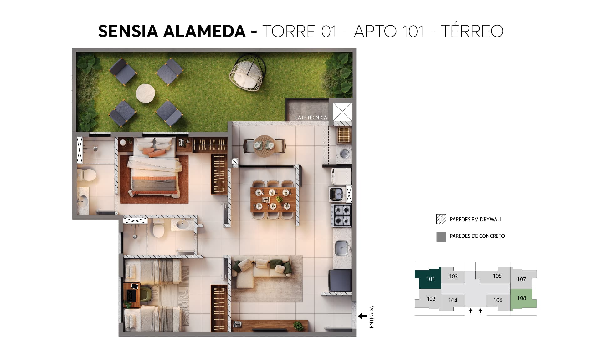 Planta humanizada do apartamento 101 do Sensia Alameda, Torre 01