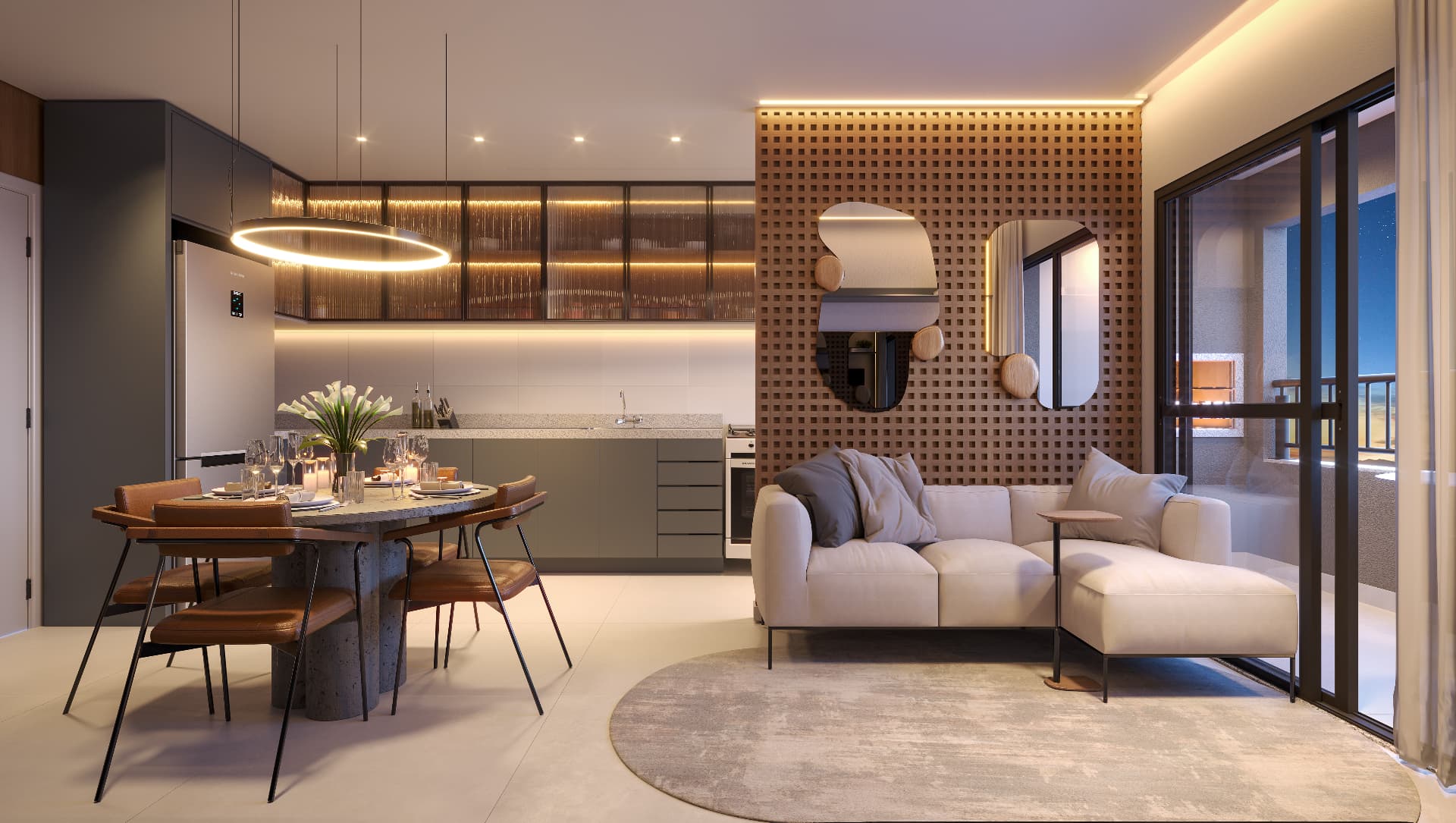 Living integrado à cozinha do apartamento decorado